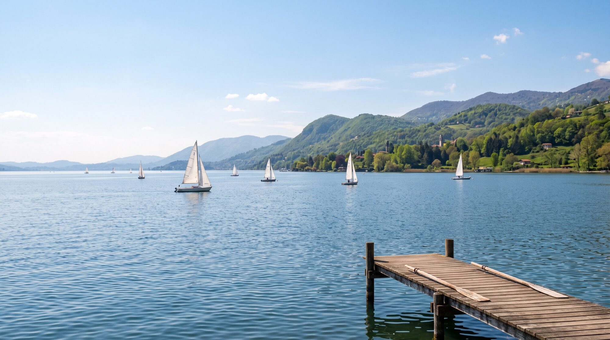 Immagine generata con AI: barche a vela sul Lago Maggiore vicino a Varese, con un pontile di legno in primo piano