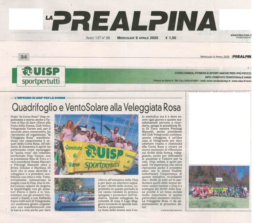 Ritaglio di giornale: Quadrifoglio e ventosolare alla veleggiata rosa